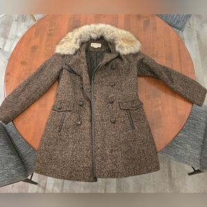 Michael Kors Tweed Double Breasted Coat with Real Fur Trim